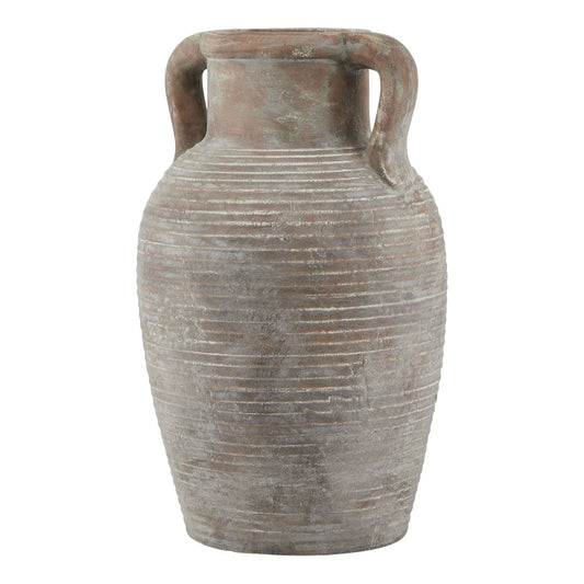 Terracotta vase with ribbed texture and handles on a white background