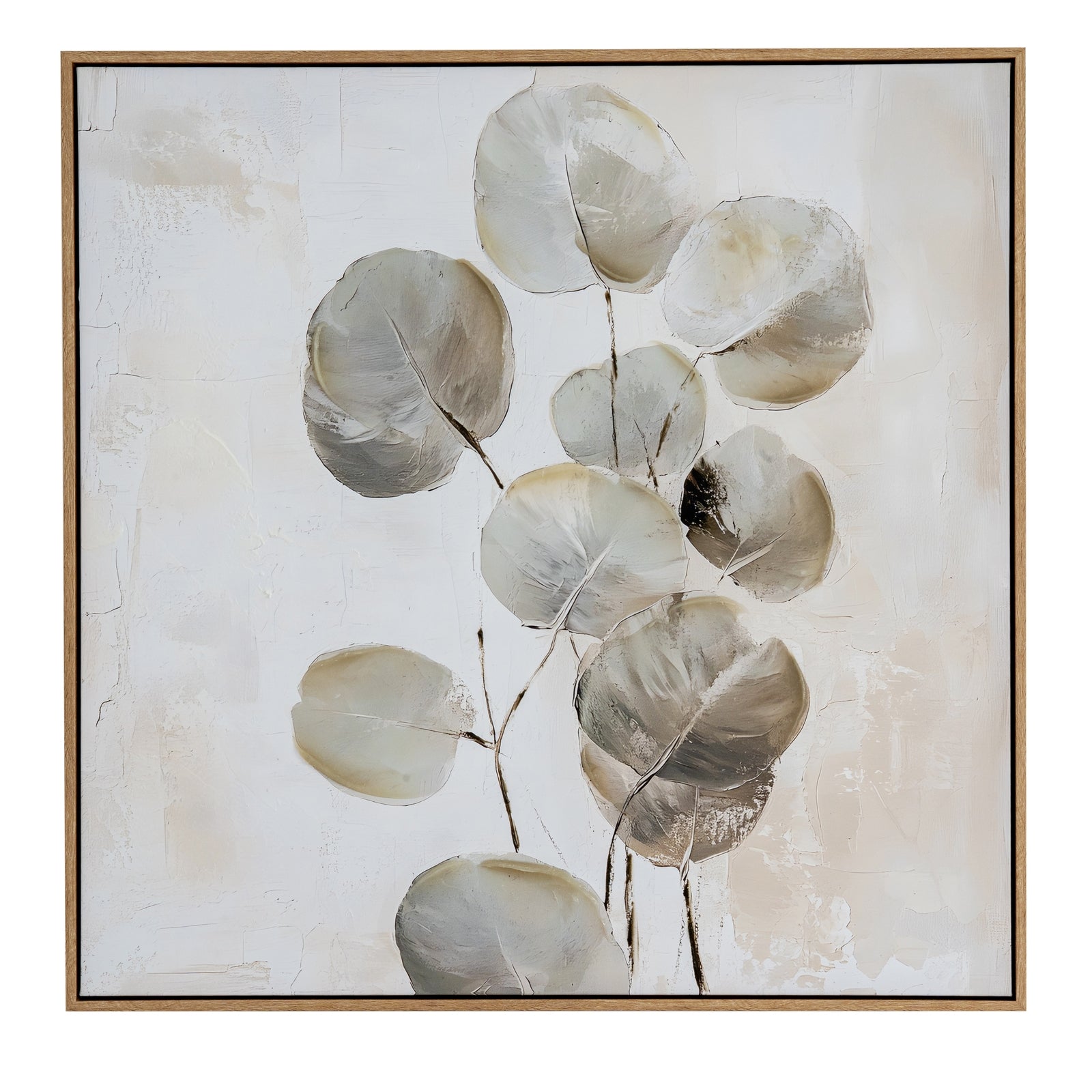 Framed artwork of leaves on a textured beige background