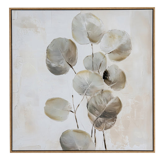 Framed artwork of leaves on a textured beige background