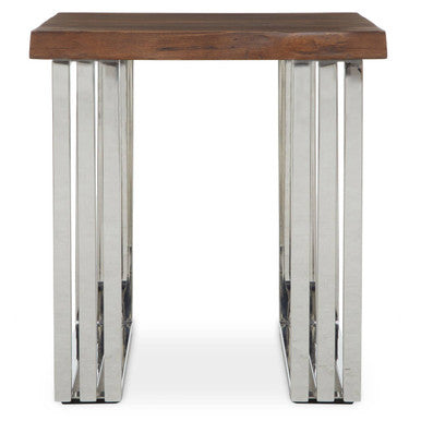 Small table with wooden top and chrome metal legs on a white background