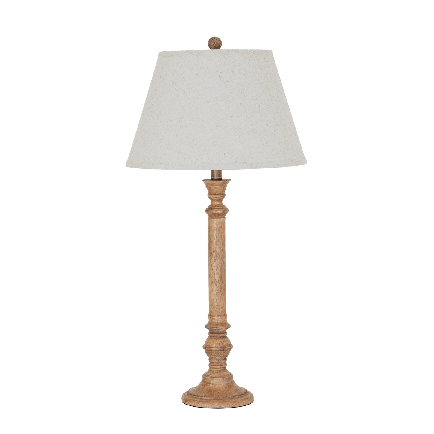 Table lamp with wooden base and white shade on a white background