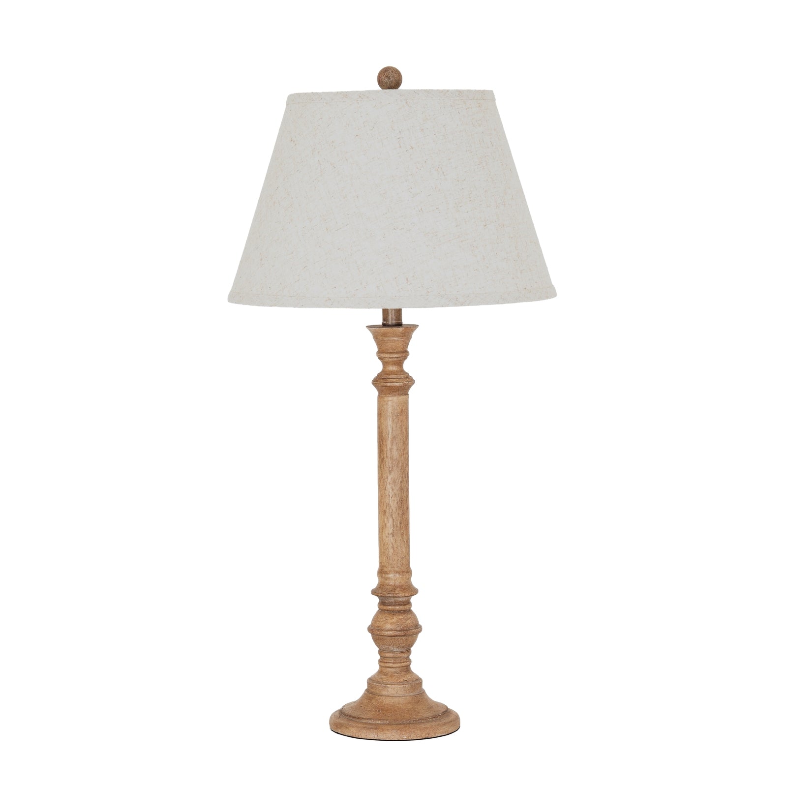 Table lamp with wooden base and white shade on a white background