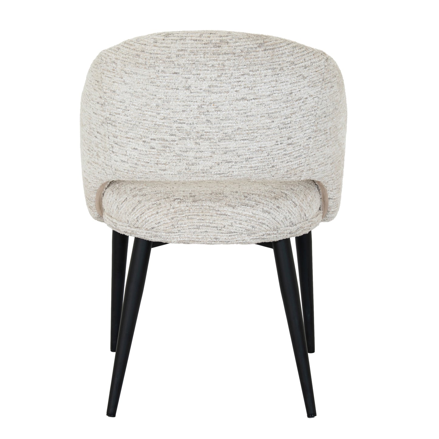 Chair with textured beige cushioned seat and black legs on a white background