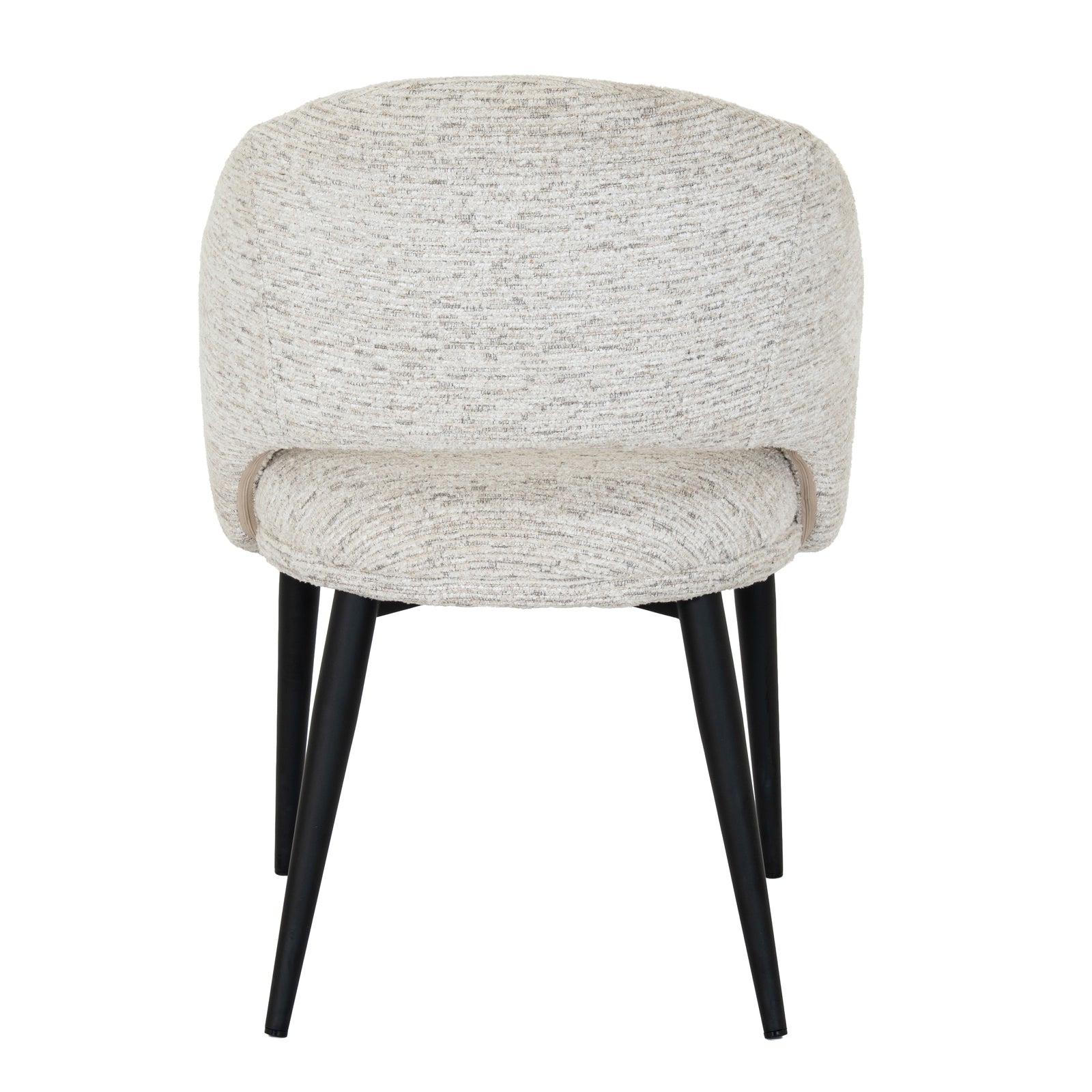 Chair with textured beige cushioned seat and black legs on a white background