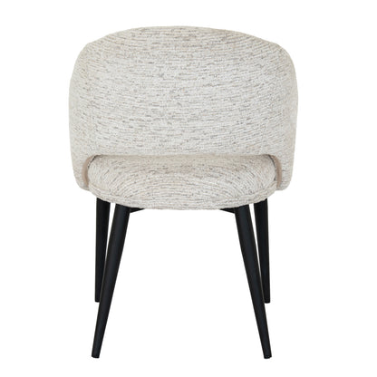 Chair with textured beige cushioned seat and black legs on a white background