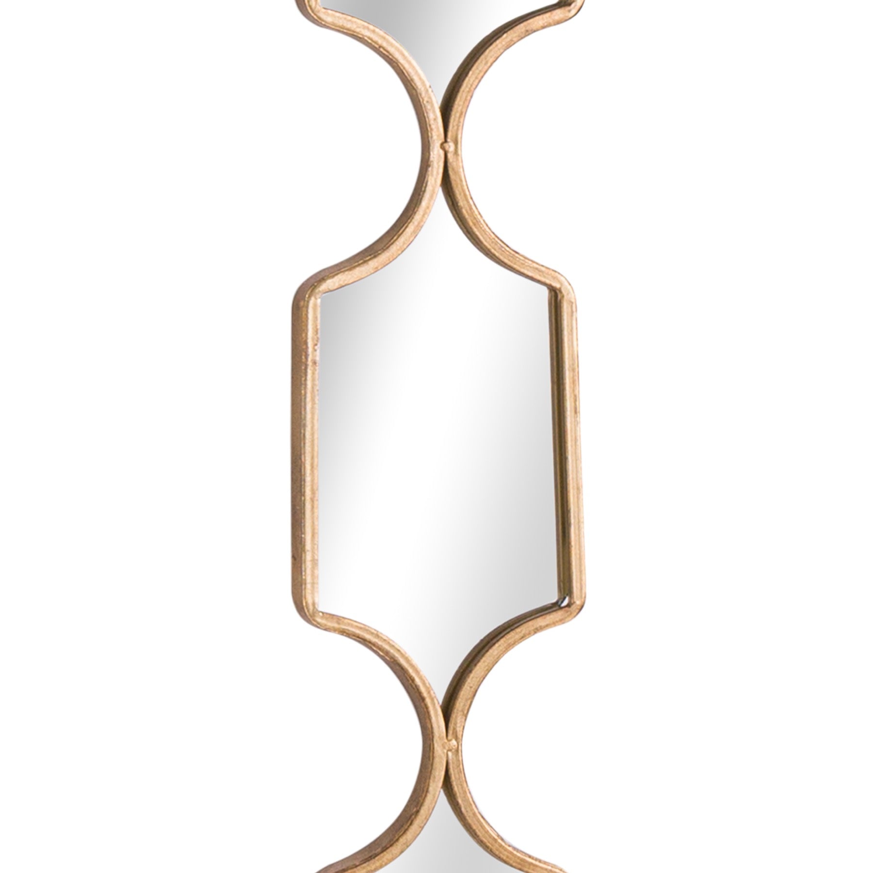 Decorative wall mirror with a gold geometric frame on a white background