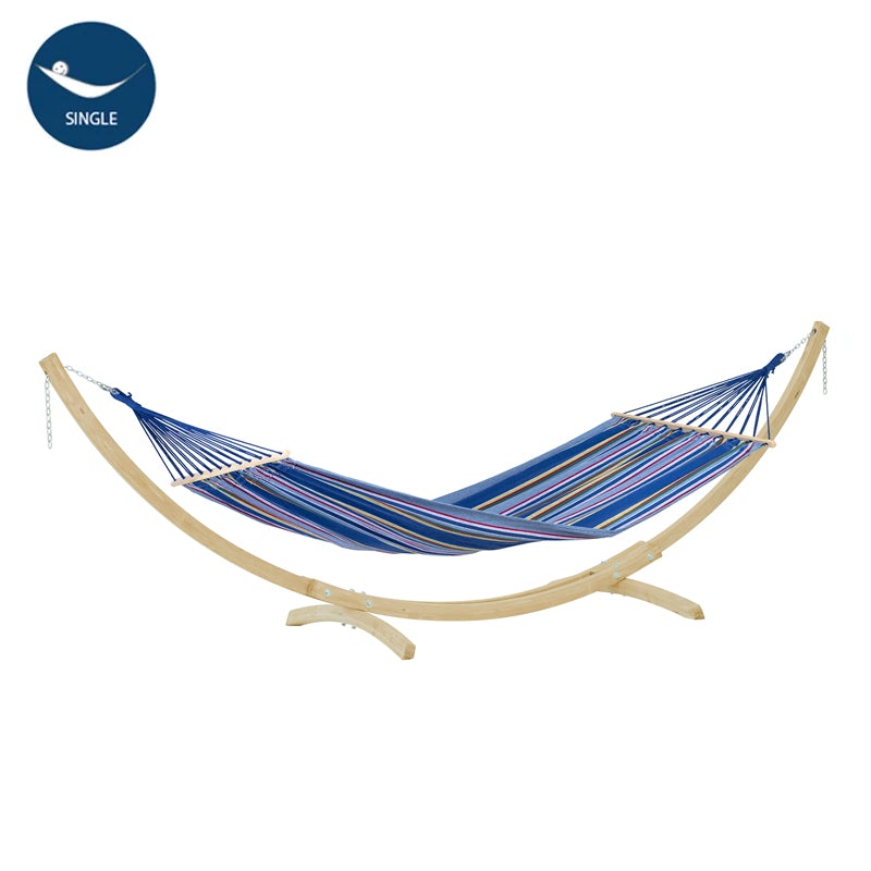 Blue striped hammock on a wooden stand with a visible brand logo on a white background.