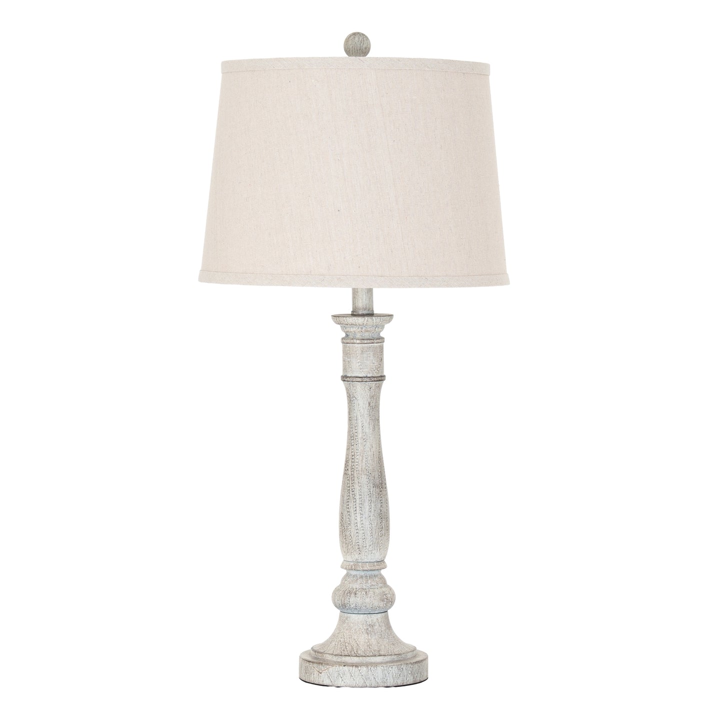 Table lamp with a white shade and wooden base on a white background