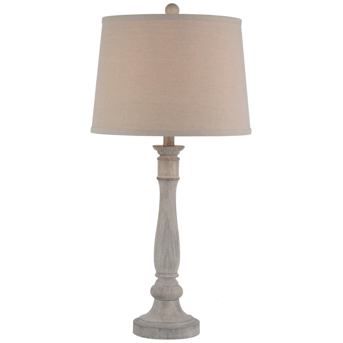 Table lamp with beige shade and wooden base on a white background