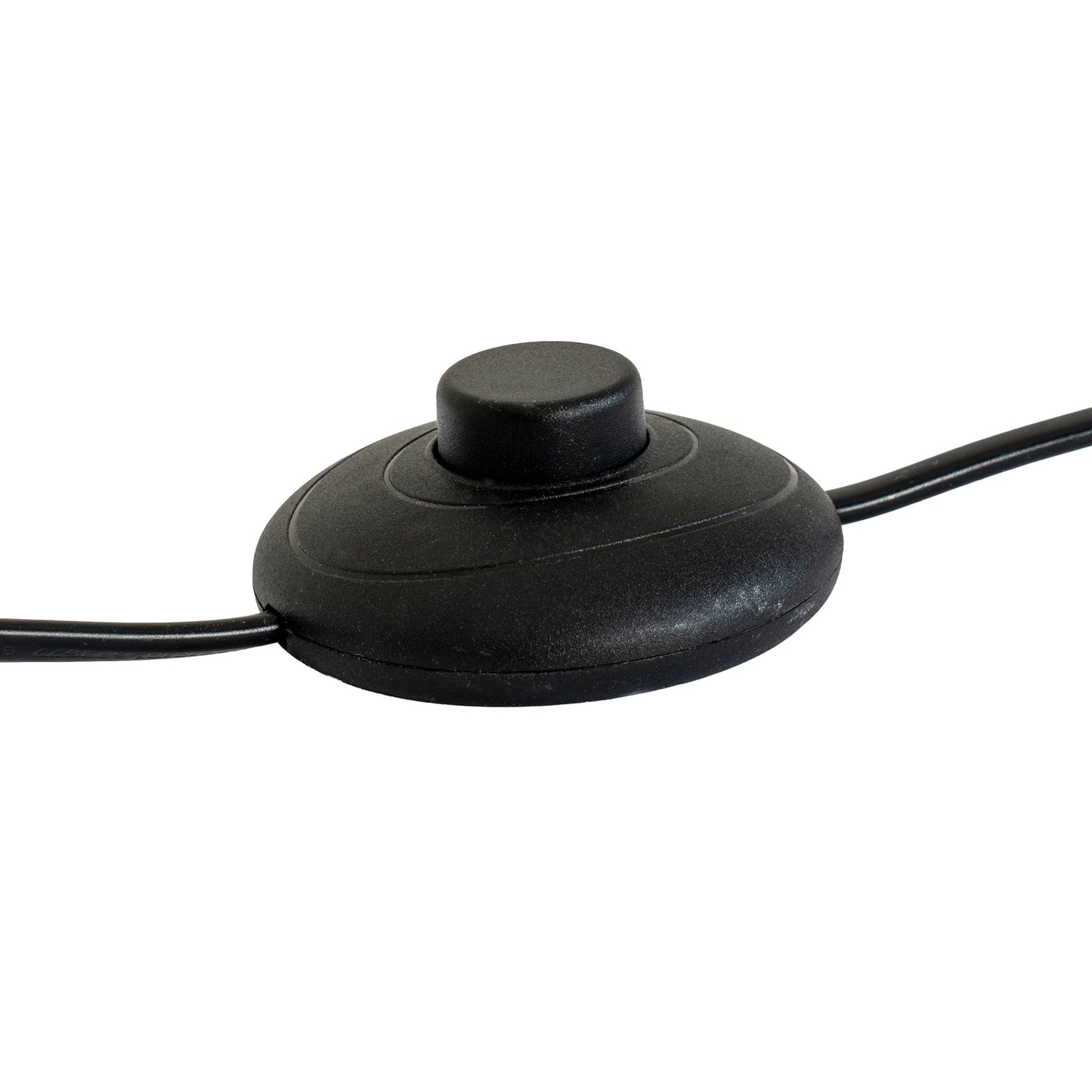 Black circular device with a central button on a white background