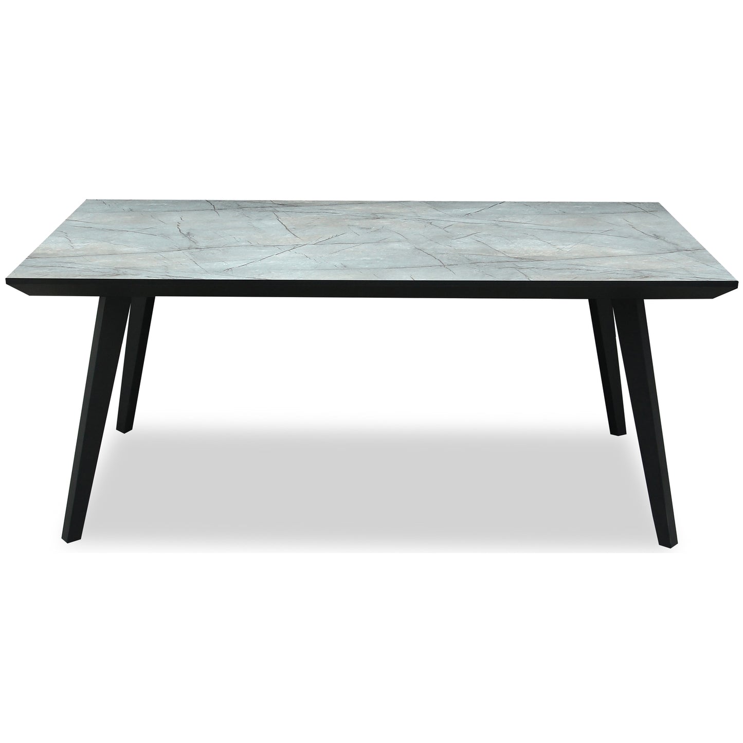 Rectangular table with a marble-like top and black legs on a white background