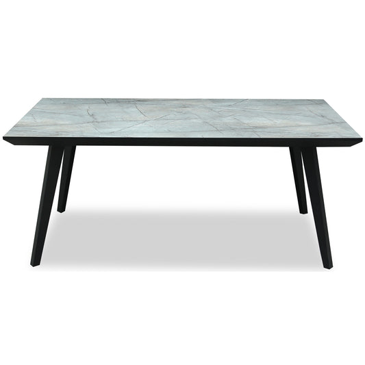 Rectangular table with a marble-like top and black legs on a white background