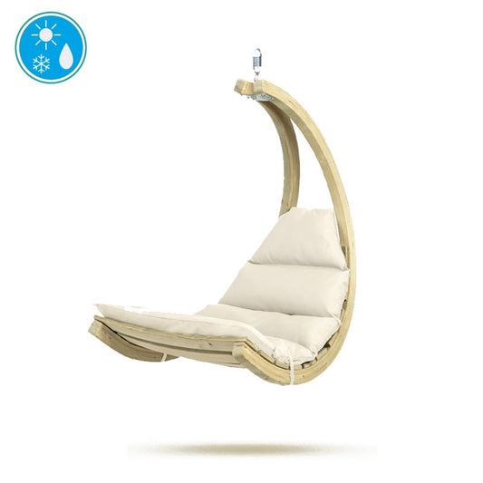 Hanging chair with beige cushion on a white background