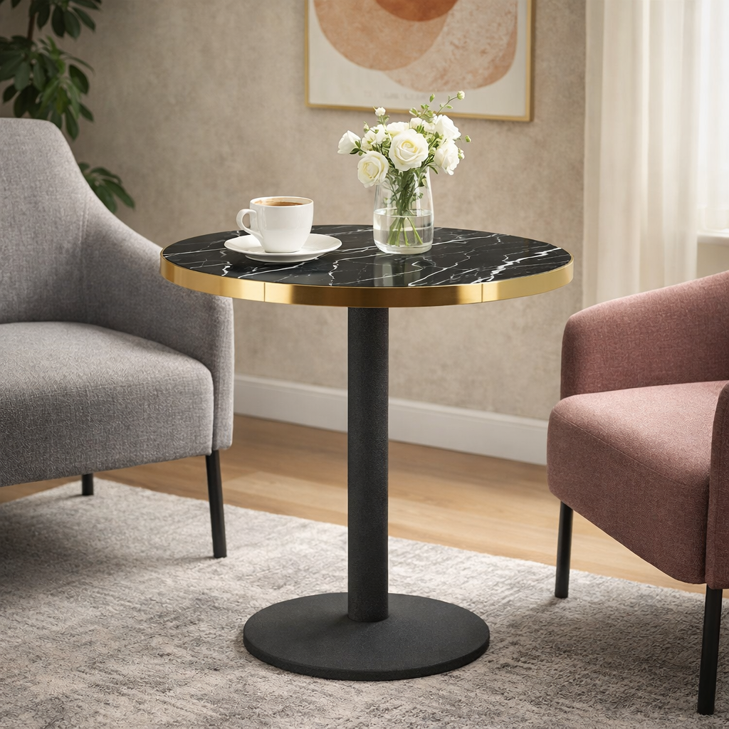 Round black marble table with gold rim in a living room setting