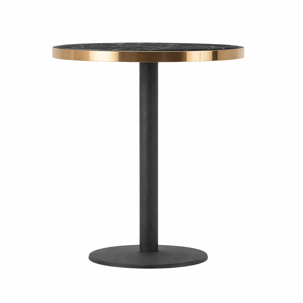 Small round table with black marble top and bronze rim on a white background