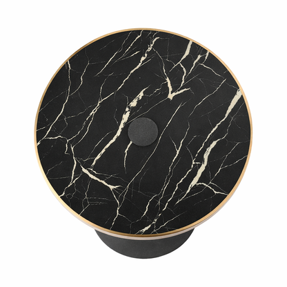 Round black marble-patterned stand with gold rim on a white background