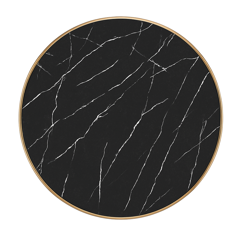 Round black marble coaster with gold rim on a white background