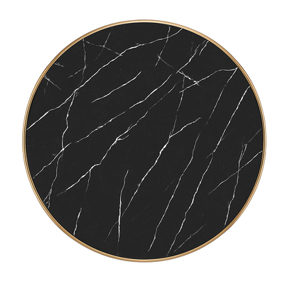Round black marble coaster with gold rim on a white background