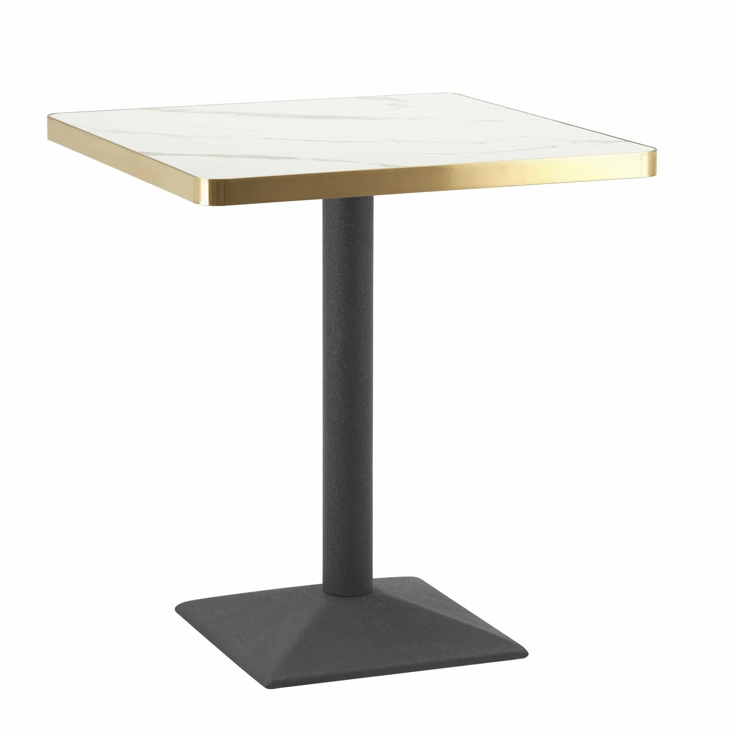 Square table with white top and black base on a white background