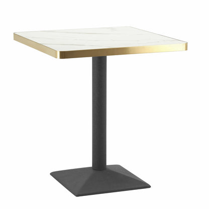 Square table with white top and black base on a white background