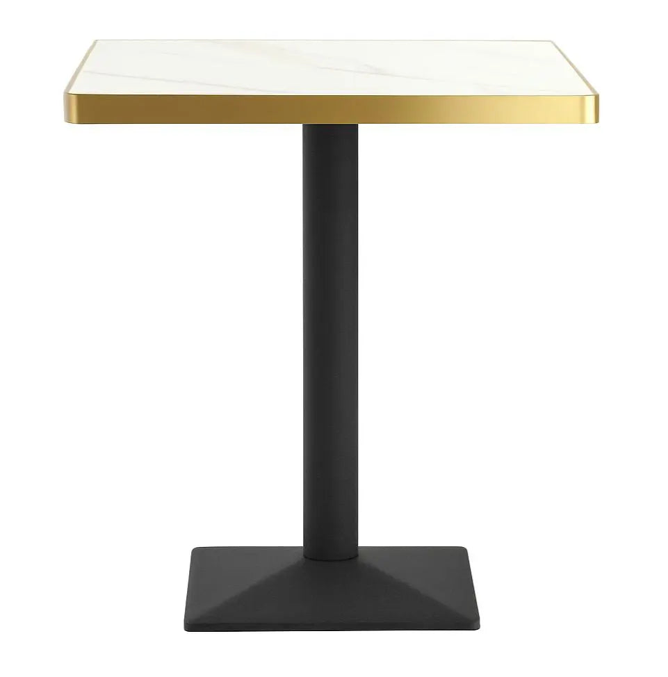 Square table with white marble top and black base on a white background