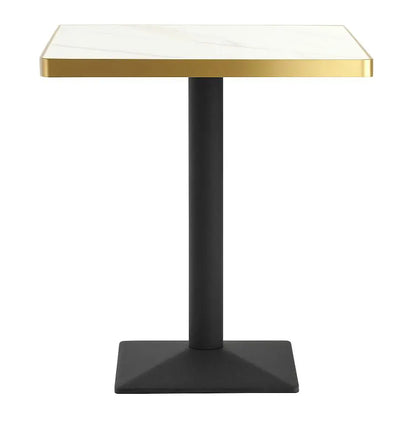 Square table with white marble top and black base on a white background