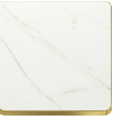 White marble surface with gold trim on a white background