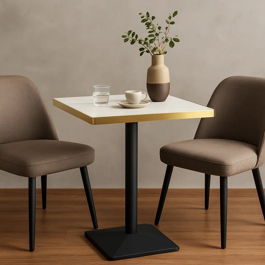 Square table with a vase and cups between two chairs against a beige wall.