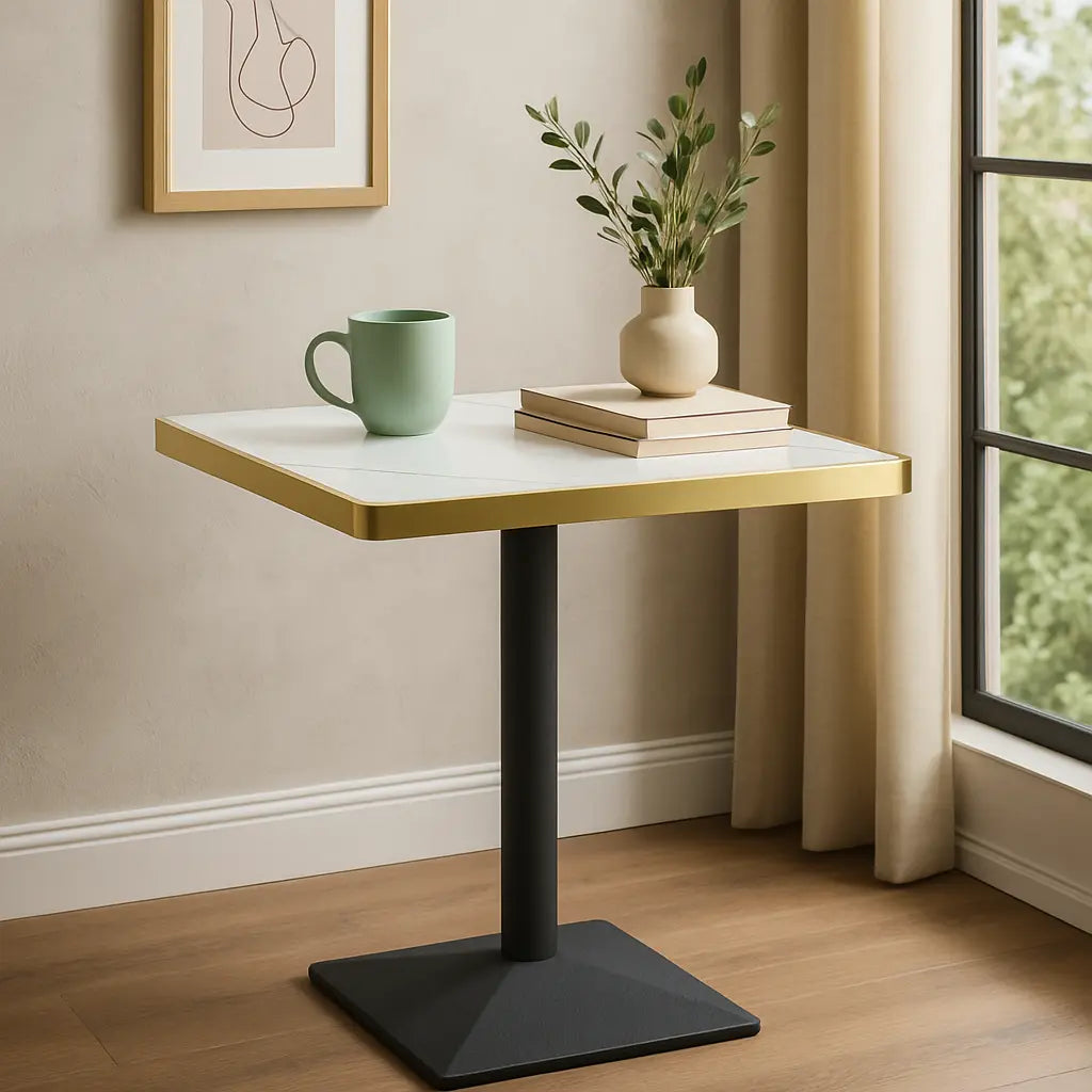 Small table with a green mug, books, and a plant in a room with a window and wall art.