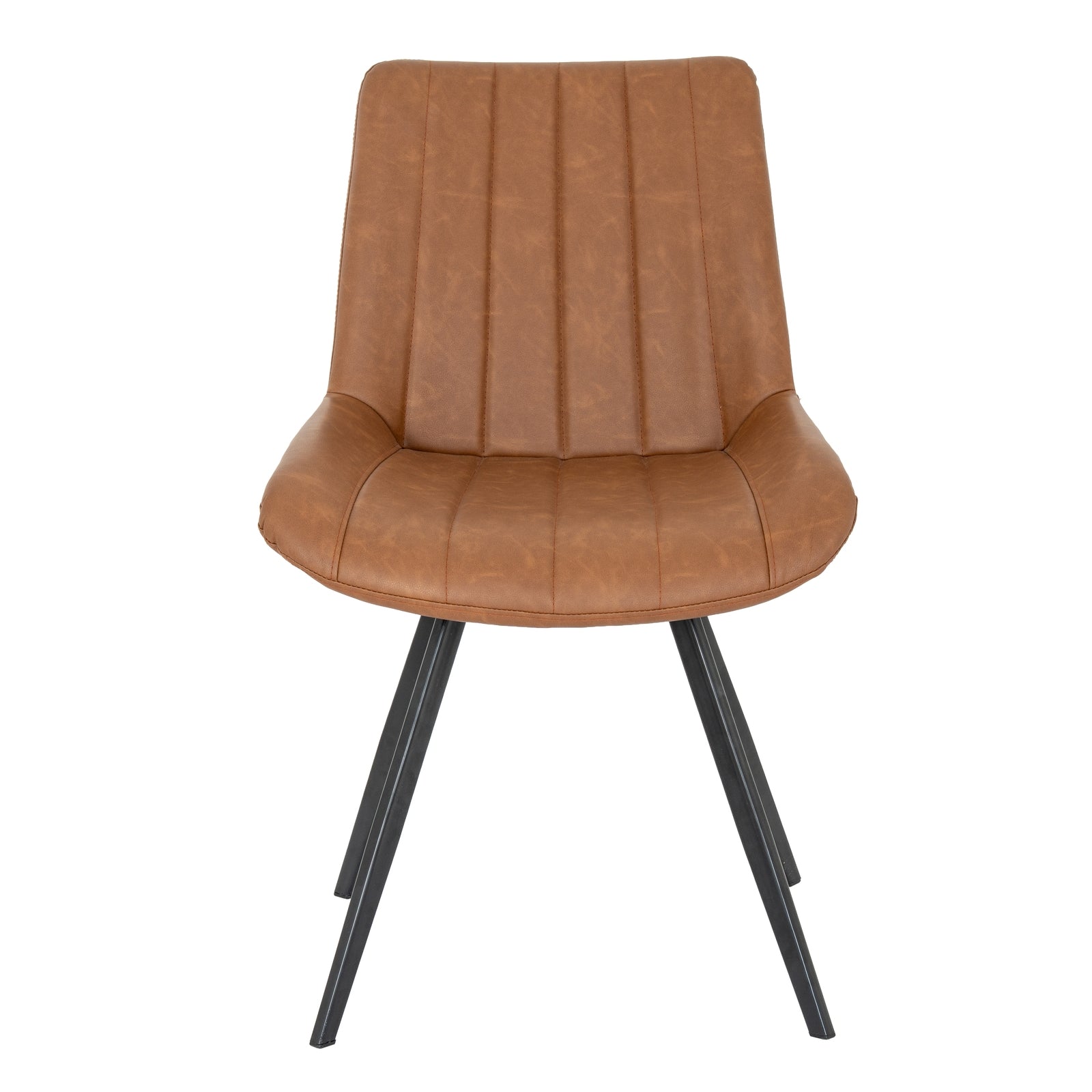 Brown leather chair with black metal legs on a white background