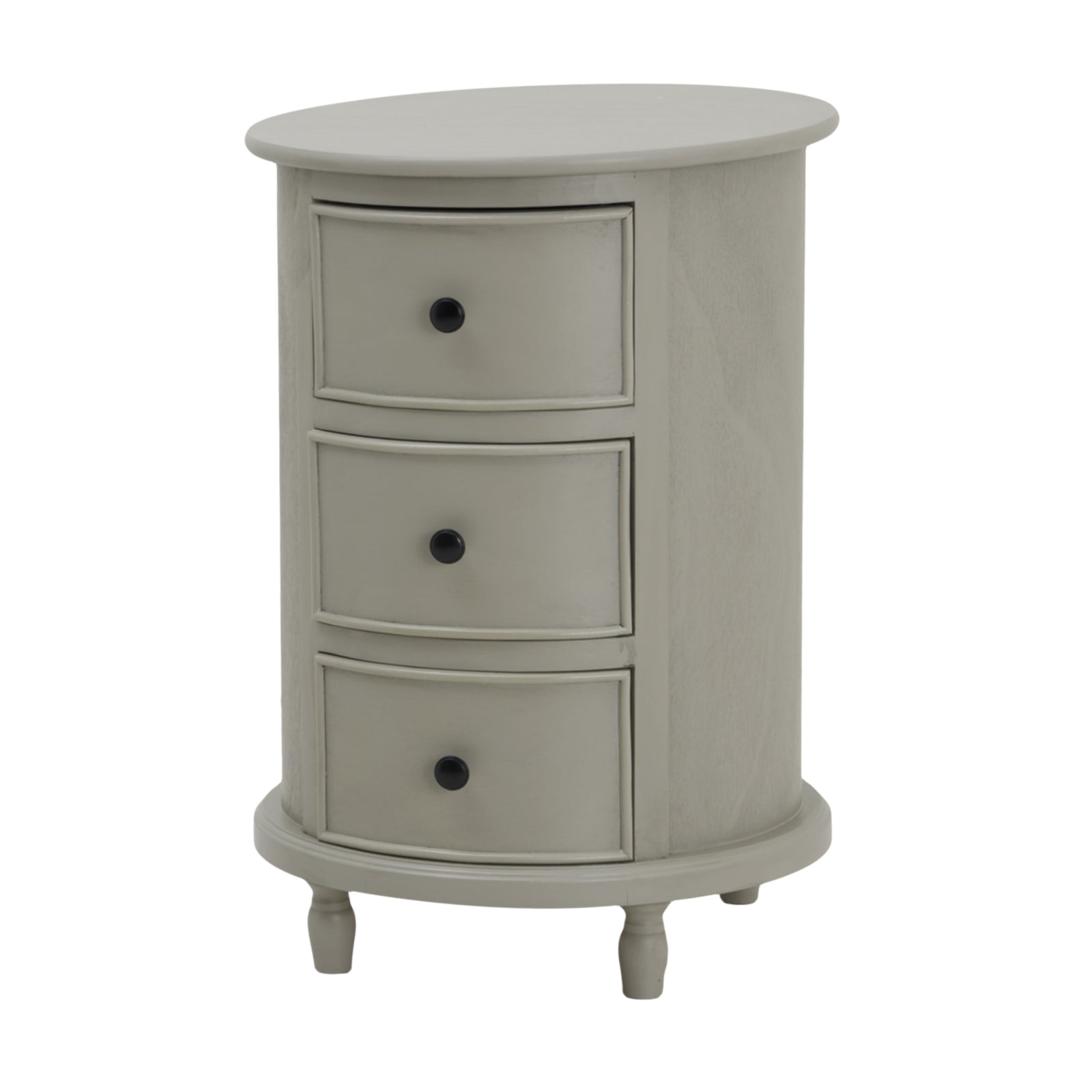 Small round gray cabinet with three drawers on a white background