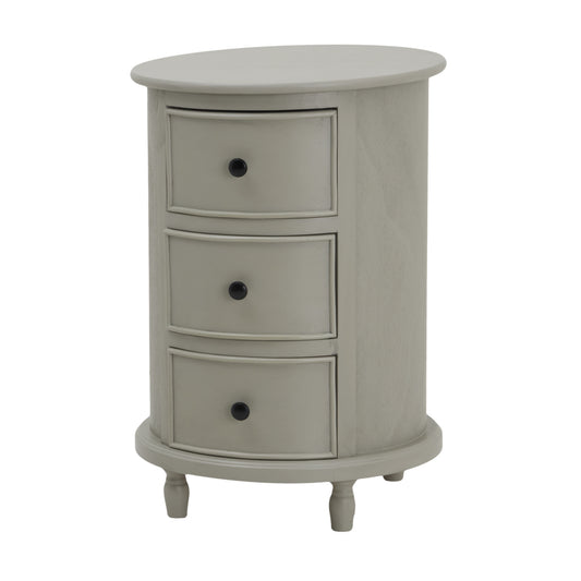 Small round gray cabinet with three drawers on a white background