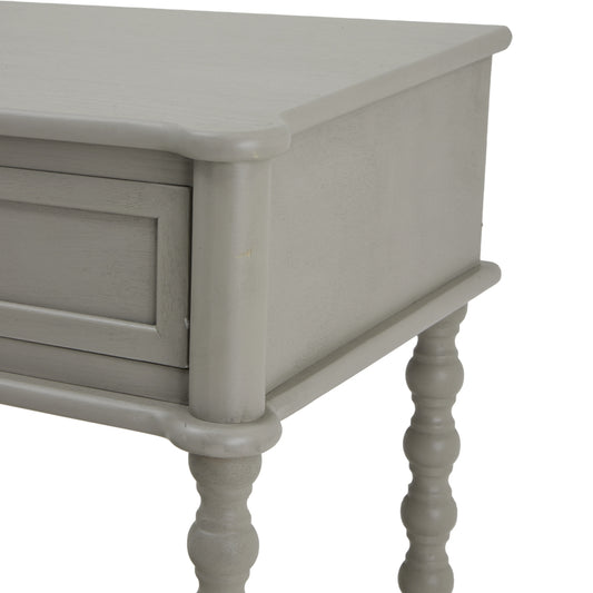 Gray wooden side table with a drawer on a white background