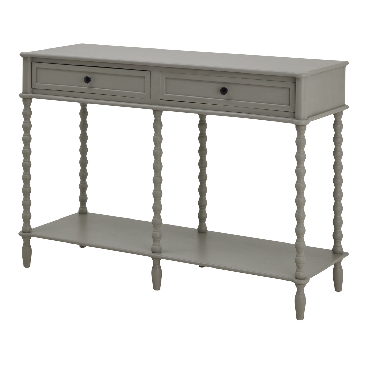 Gray console table with two drawers and a shelf on a white background