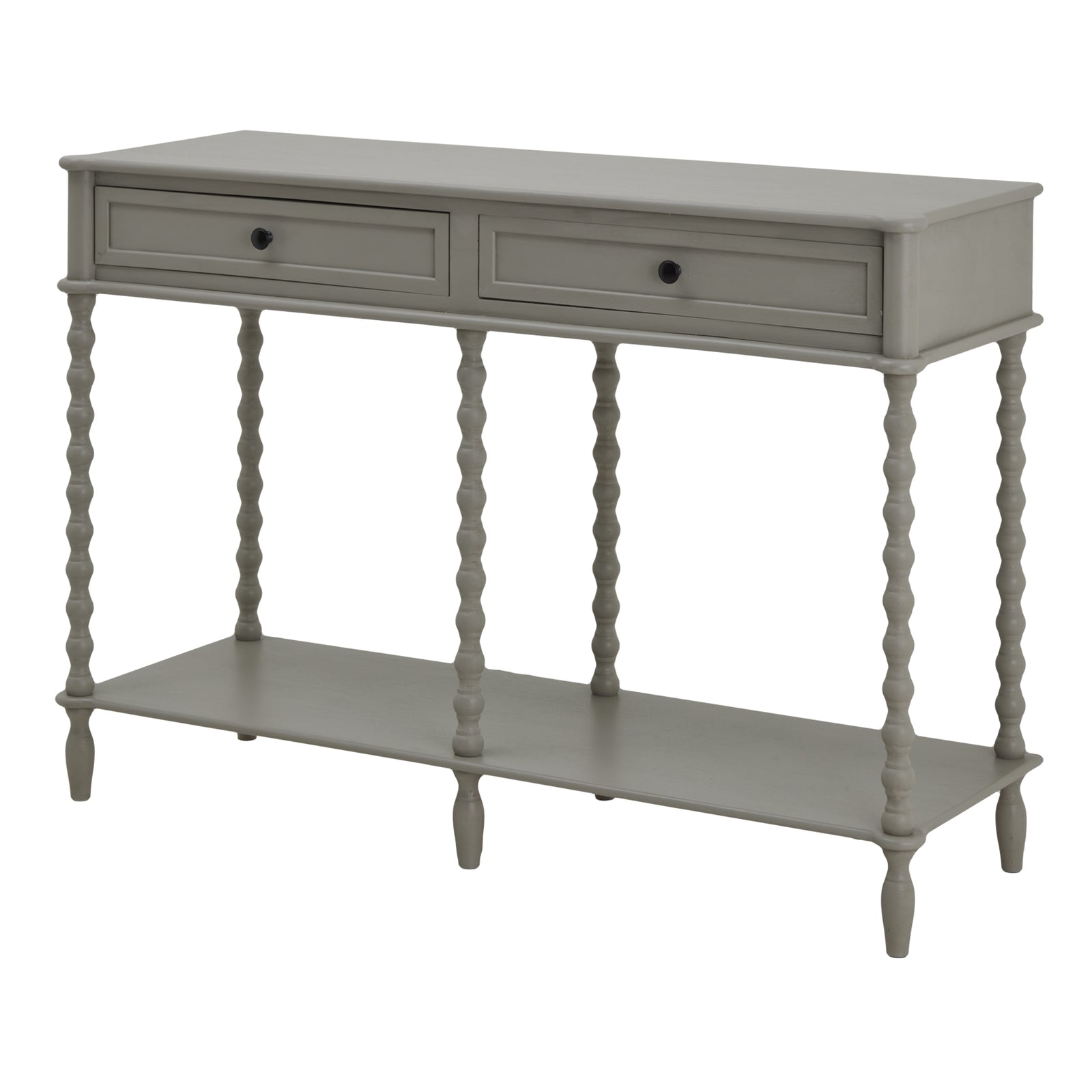 Gray console table with two drawers and a shelf on a white background