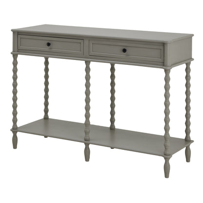 Gray console table with two drawers and a shelf on a white background