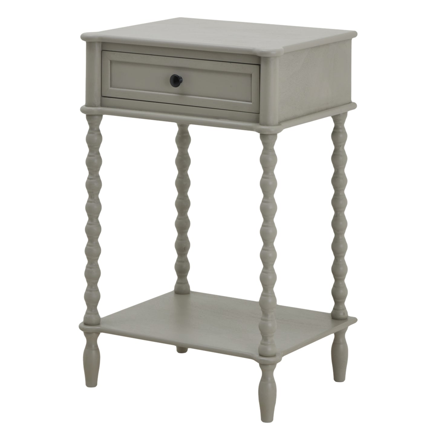 Gray side table with a drawer and spiral legs on a white background