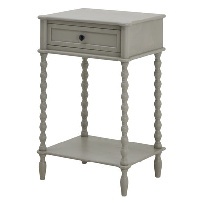 Gray side table with a drawer and spiral legs on a white background