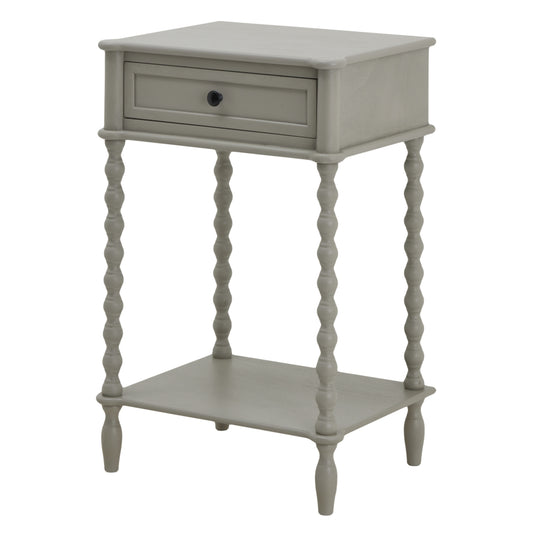 Gray side table with a drawer and spiral legs on a white background