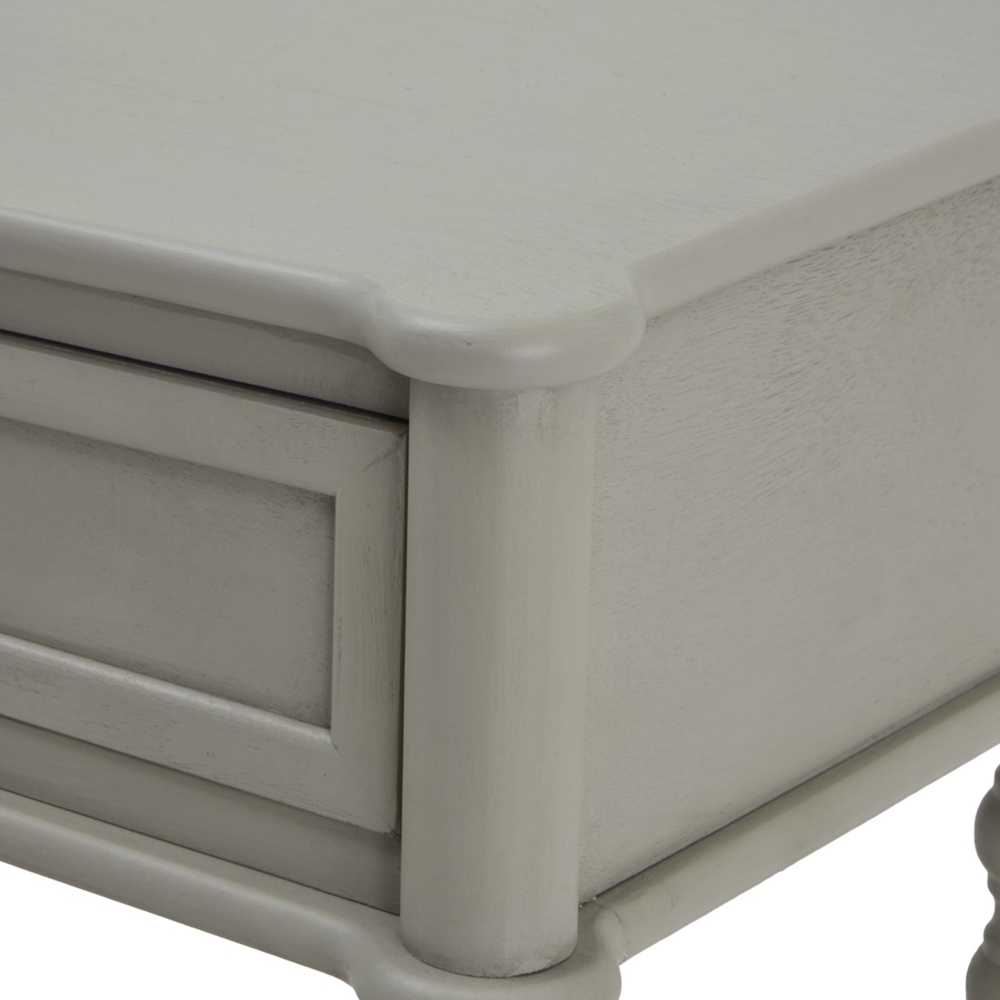 Close-up of a light gray wooden drawer with a smooth finish.