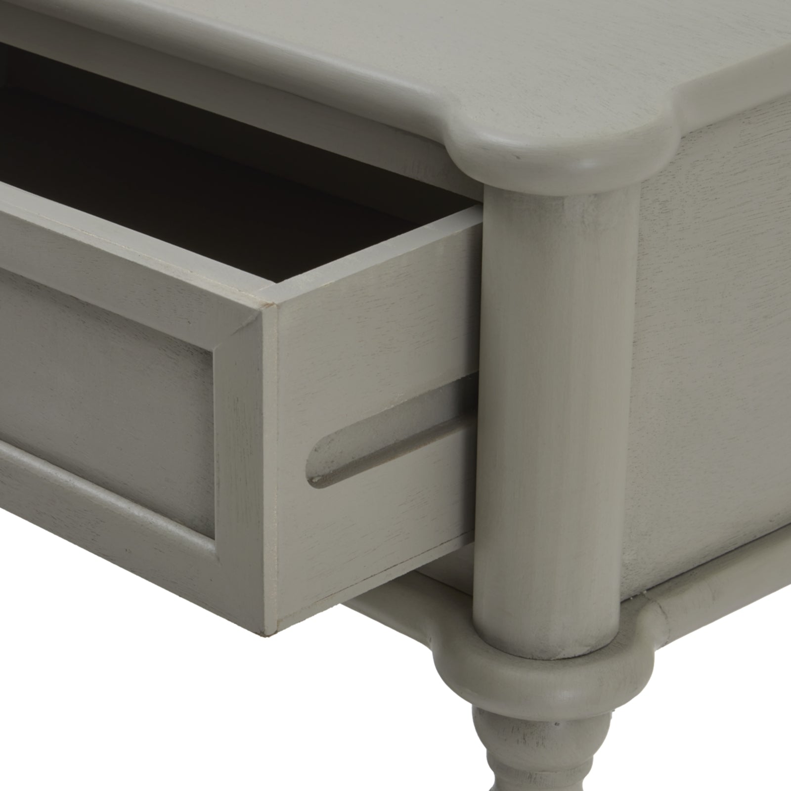 Close-up of a gray wooden side table with a drawer.