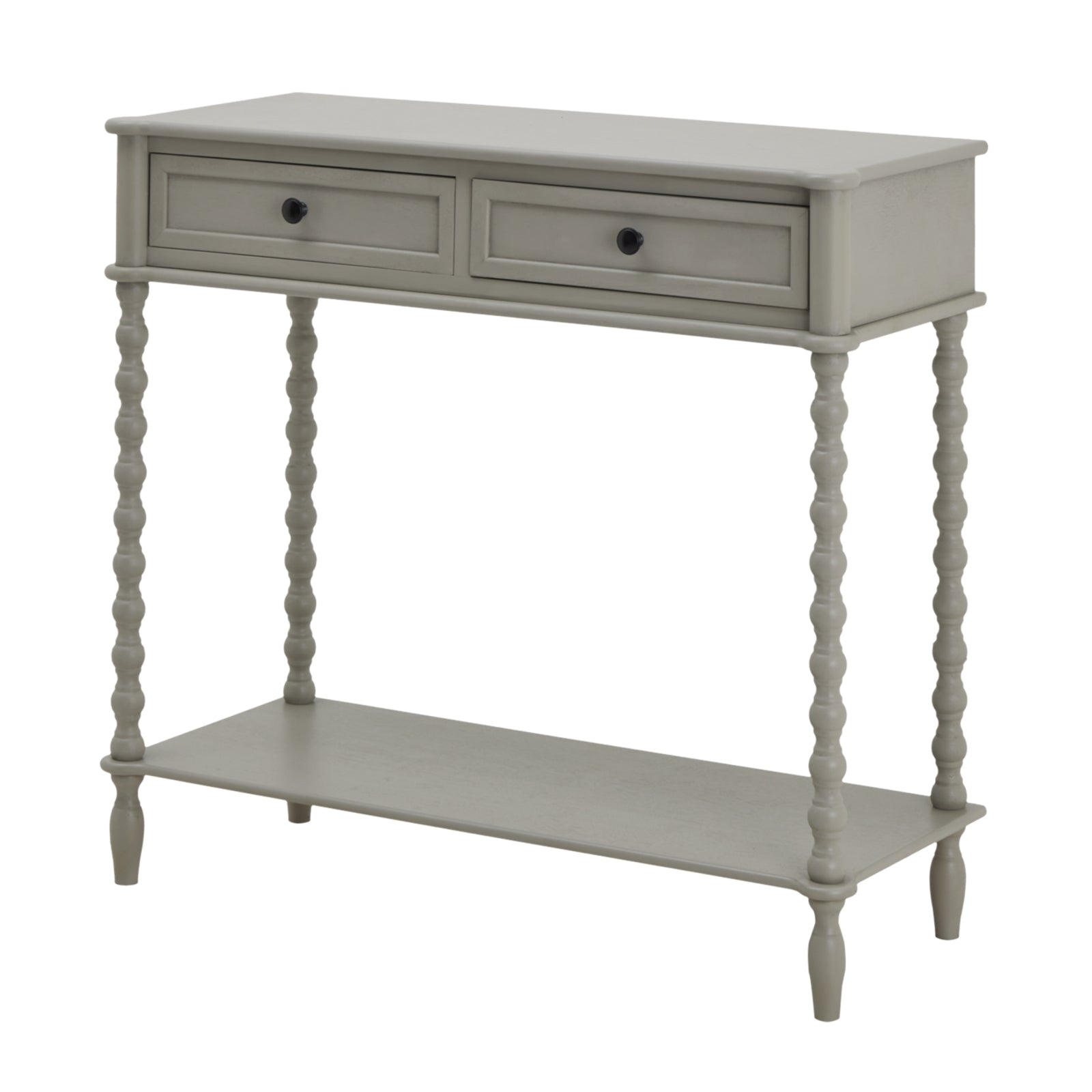 Gray console table with two drawers and a shelf on a white background