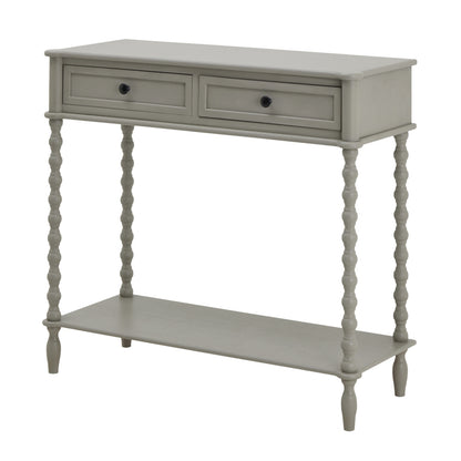Gray console table with two drawers and a shelf on a white background
