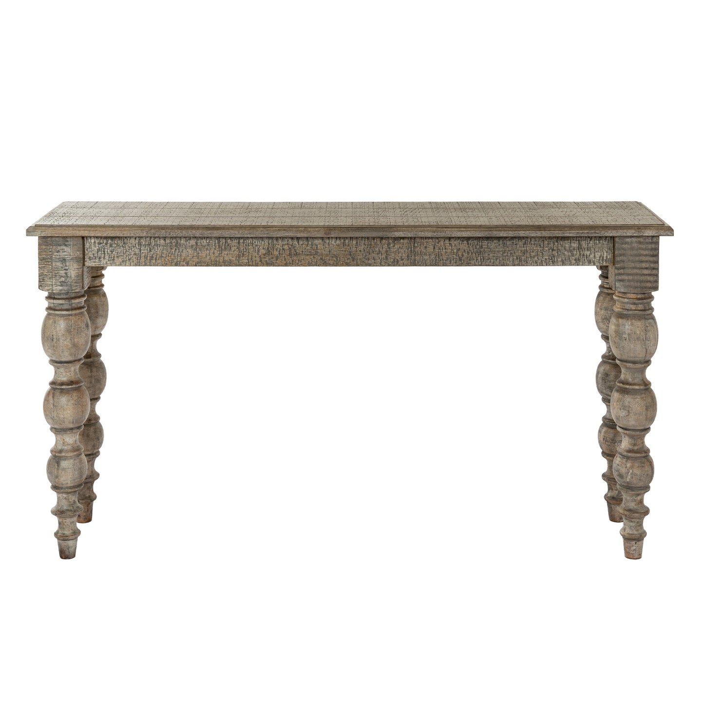 Wooden console table with turned legs on a white background