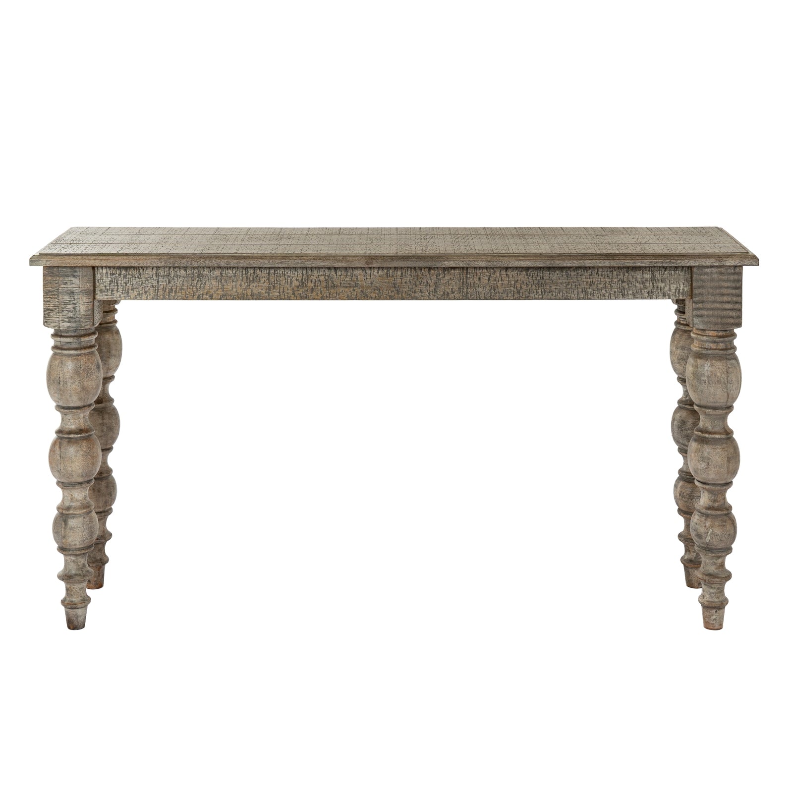 Wooden console table with turned legs on a white background