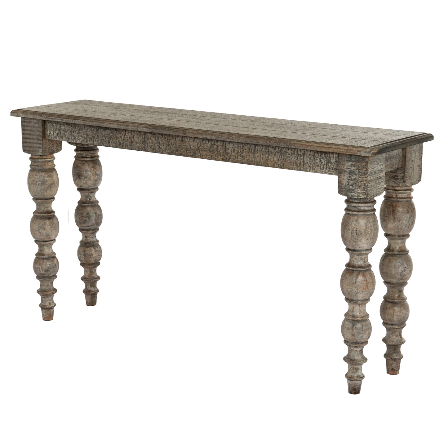 Wooden console table with turned legs on a white background