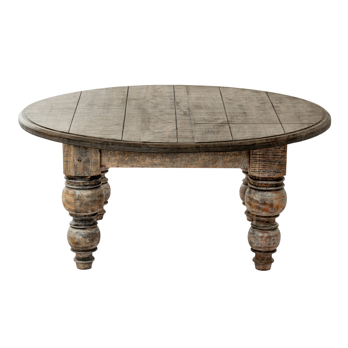 Round wooden table with rustic legs on a white background