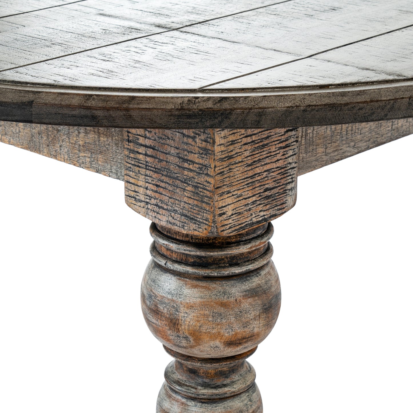 Close-up of a wooden table with a detailed leg on a white background