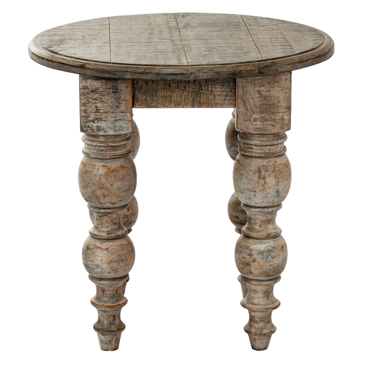 Round wooden table with turned legs on a white background
