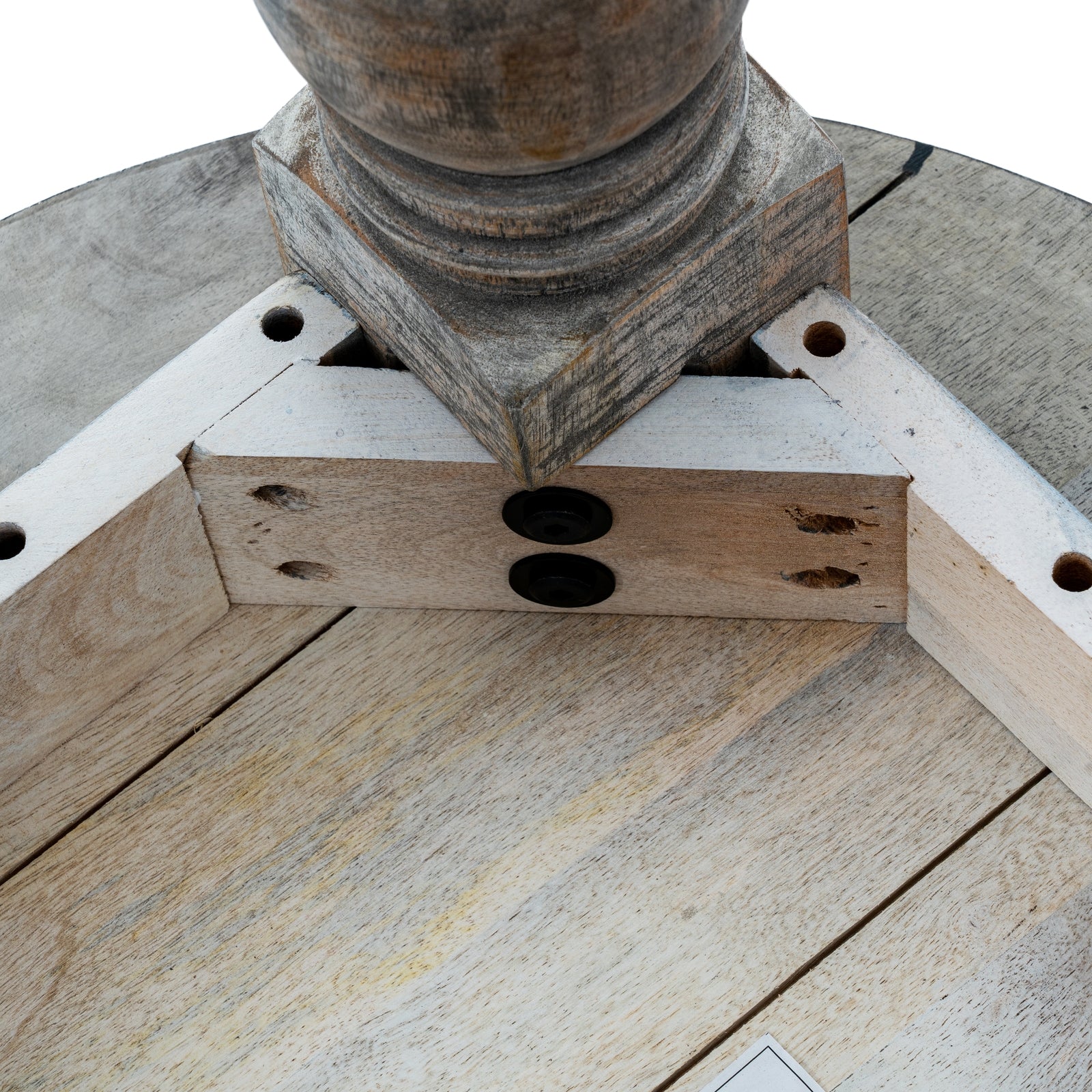 Wooden pedestal with a geometric base on a white background